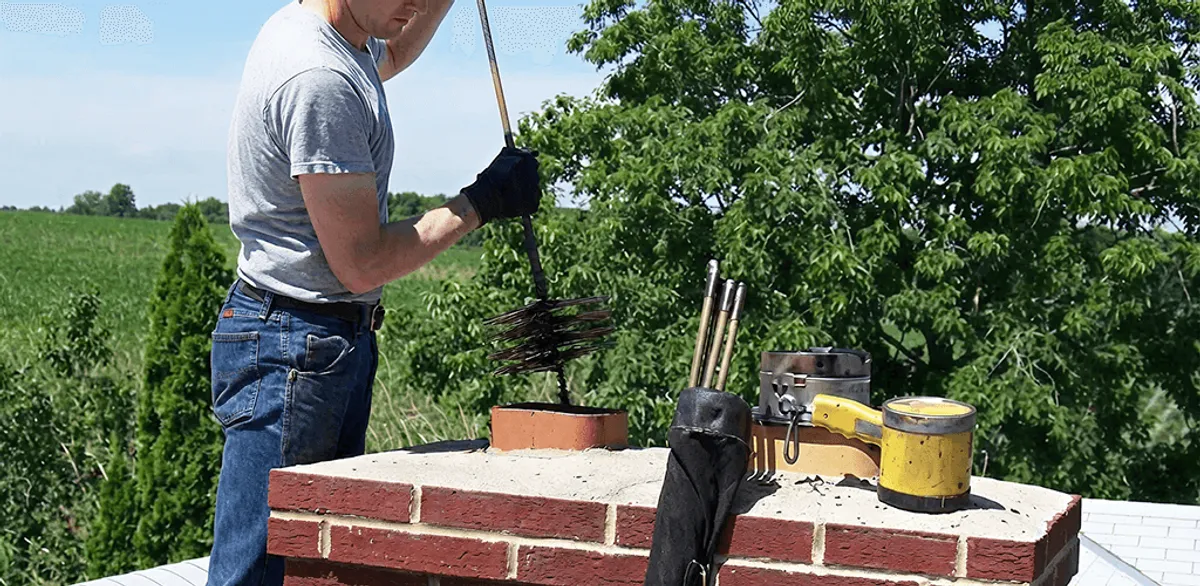 Chimney cleaning technician working on a rooftop chimney with professional tools in Anchorage, AK