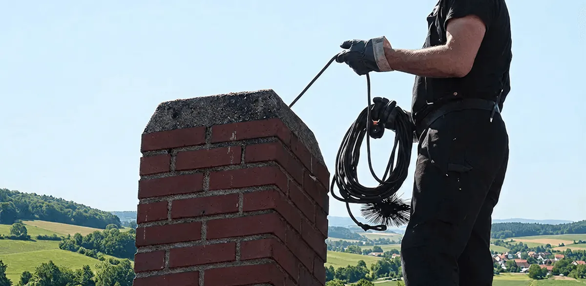 Chimney sweep inspecting and cleaning a rooftop chimney in Anchorage, AK