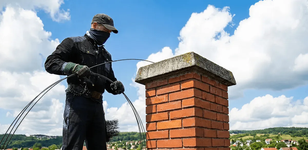 Chimney sweep cleaning a brick chimney with professional tools in Anchorage, AK