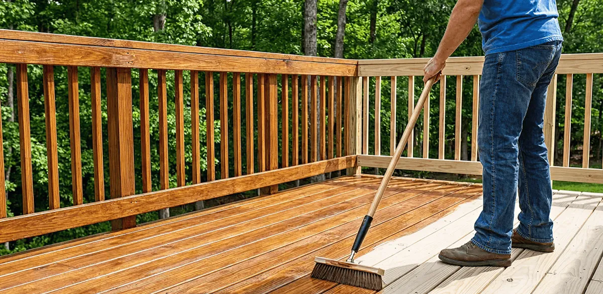 Deck staining and sealing application on a wood deck in Anchorage, AK
