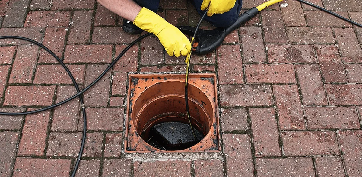 Drain cleaning technician using a drain snake to clear a clogged drain in Anchorage, AK