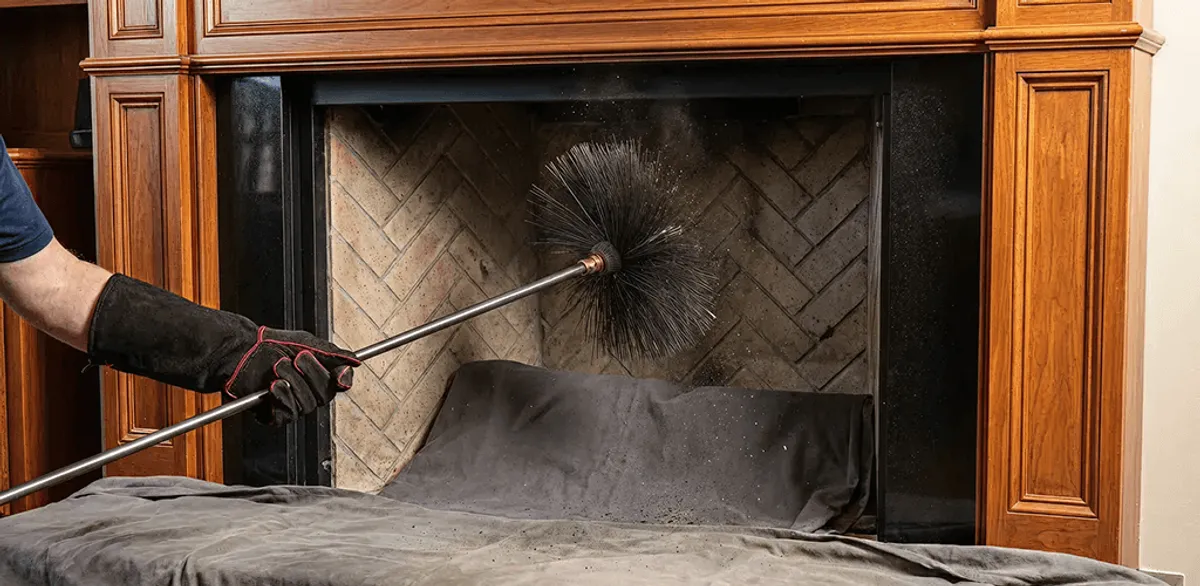 Chimney cleaning service brushing soot from a fireplace and flue in Anchorage, AK