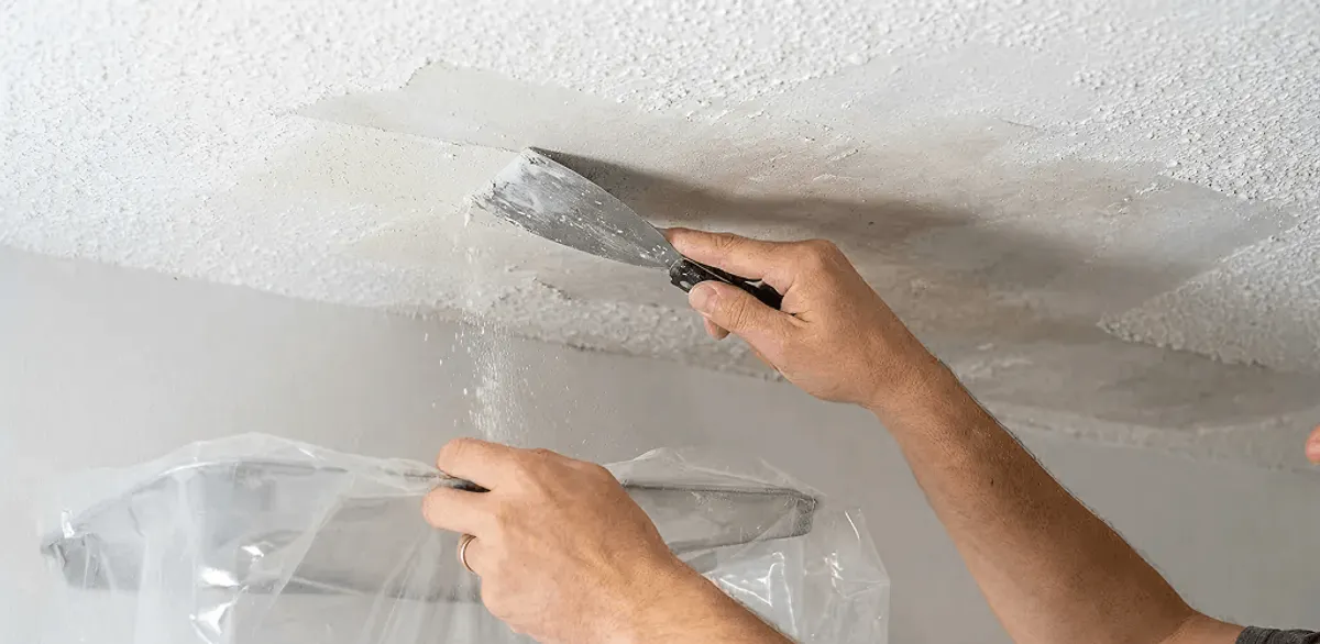 Popcorn ceiling removal technician scraping texture from a ceiling in Anchorage, AK