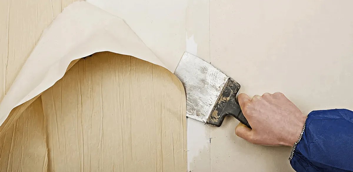 Handyman removing wallpaper with a scraper for wall preparation in Anchorage, AK
