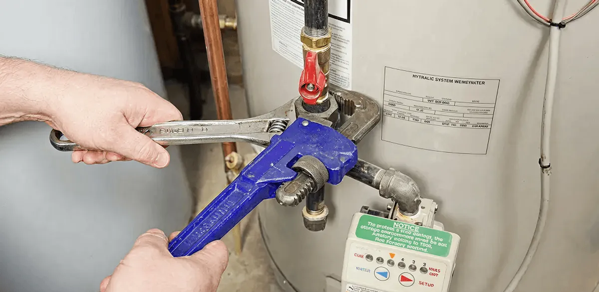 Water heater repair technician tightening the shutoff valve and supply line in Anchorage, AK